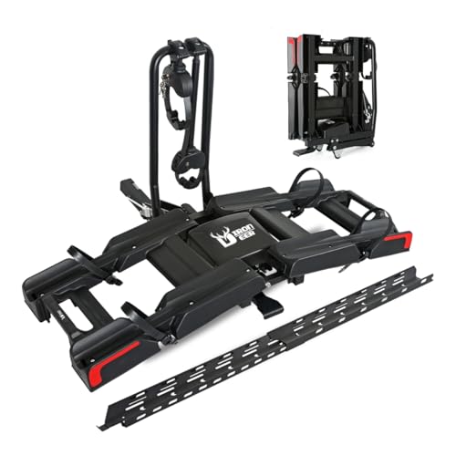 Eco Pro Upgraded 200lbs EBike Rack with Ramp for 2 E-Bikes, Hitch EBike Rack for Cars SUVs Trucks, Foldable Tilting Bike Rack Platform for Tow Hitch 2" Receiver, E-Bike Carrier Fits up to 5" Fat Tire