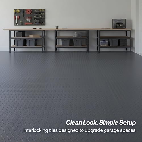 Nitro Tiles by FlooringInc 12" x 12" Interlocking Garage Floor Tiles, Diamond Pattern Heavy Duty Polypropylene Flooring, Modular Snap-Together Non-Slip Floor Tile, Graphite, 52-Pack (52 Sq Ft)