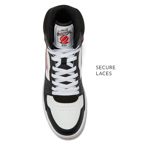 Avia 821 High Top Sneakers for Men, Indoor or Outdoor Mens Basketball Shoes - Black/Red/White Trim, 7.5 Medium