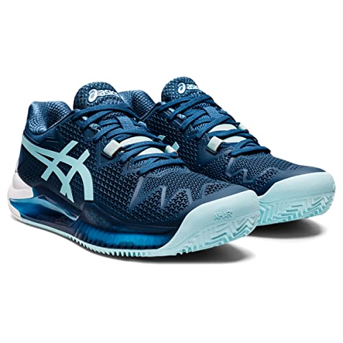ASICS Resolution 8 Clay Women's Sand Court Tennis Shoe Grey White, Light Indigo Clear Blue, 9 US