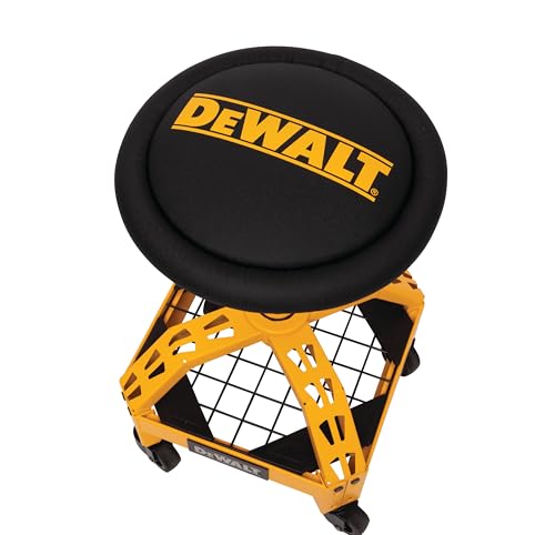 DEWALT Heavy-Duty Metal Rolling Stool for Shop or Garage, Padded 360-degree Swivel Seat, Durable Steel Frame, Adjustable