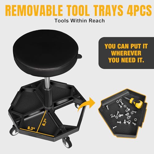 YELLOW JACKET Rolling Garage Seat with Wheels Adjustable Height Pneumatic Mechanic Stool 300Lbs Heavy Duty Shop Creeper Seat with 4 Removable Storage Tool Tray Workshop Chair for Auto Repair