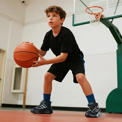 SMILIN Kids Sneakers for Boys, Lightweight Non-Slip Running Shoes with Hook & Loop Strap, Breathable Cushioned School Sports Basketball Shoes Size 11 Black