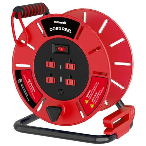 WILAWELS Extension Cord Storage Reel with 4-Grounded Outlet & 2 USB Port, 15A Circuit Breaker, Heavy Duty Open Cord Reel for 12/3,14/3 Gauge Power Cord, Hand Wind Retractable, ETL Listed Red R85CR06