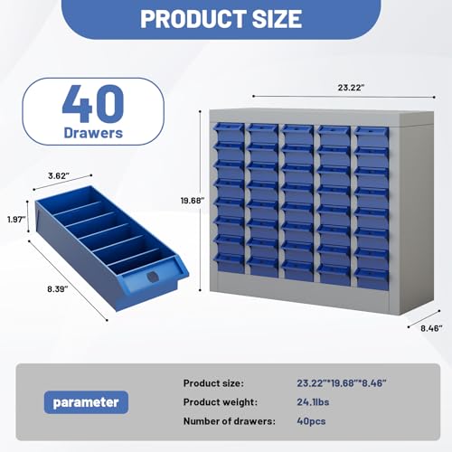 Hymula 40-Drawer Parts Storage Cabinet – Multi-Purpose Organizer for Screws, Bolts, Nails, Craft Supplies, Legos, Makeup & Tools – Compact Plastic Drawer Unit for Garage, Workshop, Classroom & Home