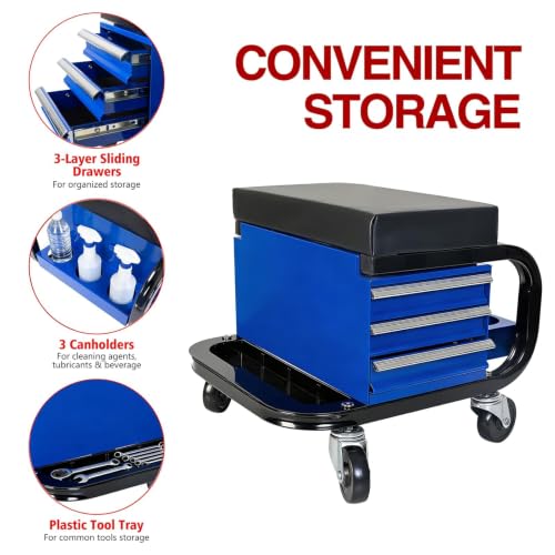 S.Walt Rolling Mechanic Stool with Wheels, Creeper Seat with 3 Built-in Tool Drawers, Side Tool Tray & Rear Bottle Tray for Shop & Work, Garage Use (14" L × 15" W × 15" H)