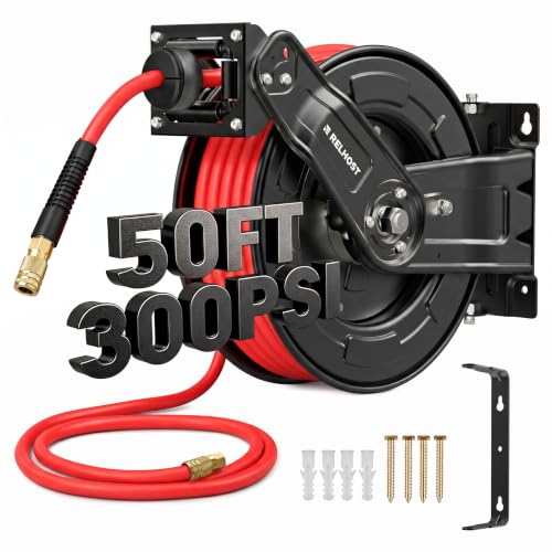 Retractable Air Hose Reel, 50 ft x 3/8 in SBR Rubber Hose Max 300PSI, Heavy Duty Air Compressor with Dual Arms, Auto Rewind, 180° Swivel Ceiling/Wall Mount for Garages, Workshops
