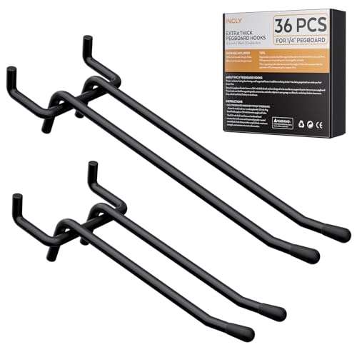 INCLY 36 Pack 4/6 Inch Double Arm Black Pegboard Hooks, 1/4" Heavy Duty