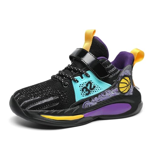 BTKSDAS Boys Shoes Non Slip Breathable Comfortable Safety Kids Shoes Workout Gym Tennis Running Basketball Sneakers for Boys Girls Black/Purple Size 1.5 Little Kid,(1 Pair)