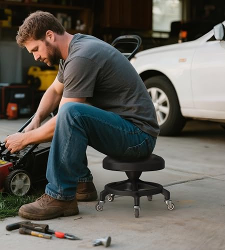 KinShare Upgraded Low-Profile Rolling Stool with 360° Smooth Rubber Wheels – Heavy-Duty 450lbs, Puffed PU Seat & Anti-Tip Base | Ideal for Home, Office, Salon, Workshop, Mechanic, Garage, Black
