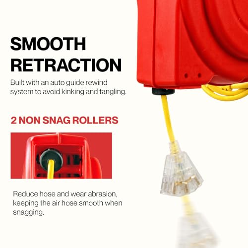 ReelWorks Extension Cord Reel Retractable Longest Industrial 12awg x 80' Foot Commercial Premium Grade Ultra Flexible 3C/SJTOW Glow Strip Cable and Led Light Up Triple Tap Connector Use Indoor/Outdoor
