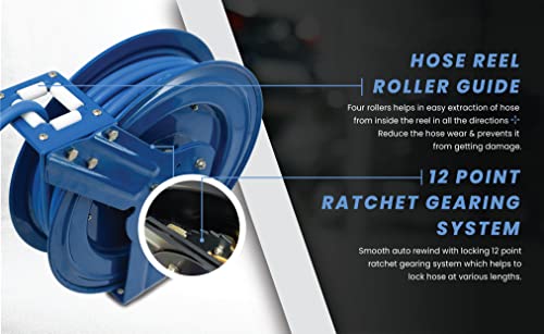 BLUBIRD BBRHD3850 18ga. Retractable Hose Reel with 3/8" X 50' Air Hose, 12 Point Ratcheting Gear, Next-Gen Rubber, Lightest, Strongest, Most Flexible, 300 PSI, -50F to 190F Degrees, Polyester Braided