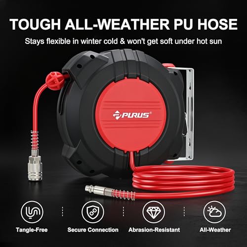 PURUS Retractable Air Hose Reel, 1/4" x 32ft, 180° Swivel Wall/Ceiling Mount, Auto Rewind, Hybrid Hose Max 145 PSI Pressure Air Compressor Hose Reel Quick Coupler for Workshop & Garage