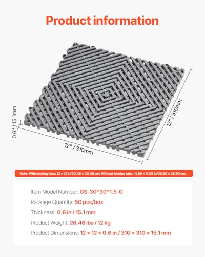 VEVOR Interlocking Drainage Mat, 12” x 12” Modular Interlocking Cushion, 50 Pcs Splicing Drainage Mats, Non-Slip PP Drainage Floor Tile and Shower Mat, for Garage, Garden, Kitchen & Outdoor, Gray