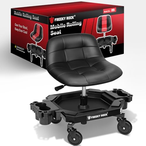 FREEKYROCK Rolling Stool with Wheels, Adjustable Height Pneumatic Garage Work Mechanic Stool Seat with Backrest, 400 LBS Capacity 360° Swivel Mechanic Crepper Chair with Tool Tray Storage, Black