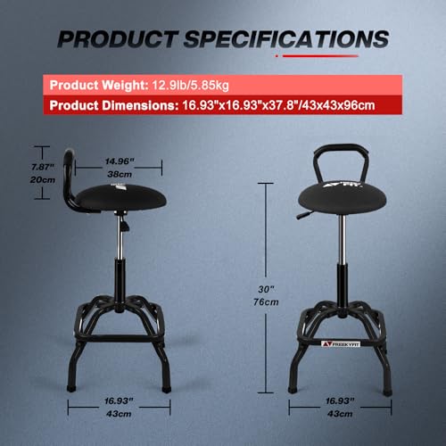 FreekyFit Garage Stool, Adjustable Height Swivel Work Mechanic Shop Stool with Backrest, Pneumatic Shop Chair for Home, Workshop, 300 LBS Capacity, 360° Rotation, Heavy Duty, Black