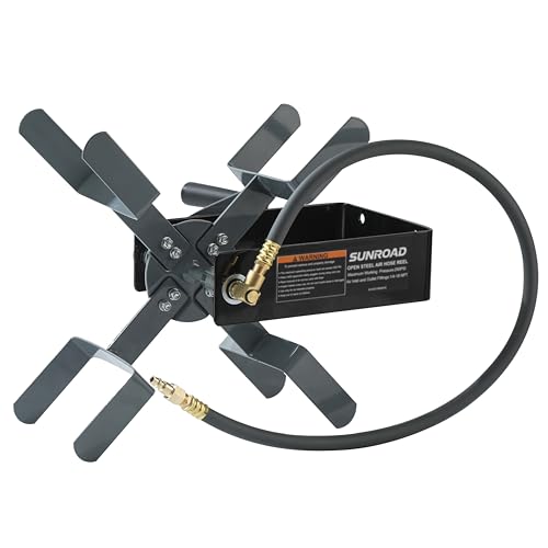 Manual Air Hose Reel with Hybrid Lead-in Hose, Heavy Duty Steel Wall Mount Hose Reel, Fits 100ft x 3/8" Hose, Hand Crank Hose Reel with 1/4" NPT 6-Ball Coupler, Brass Plug & Thread Seal Tape