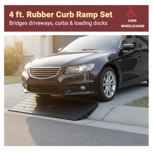 Pyle Car Vehicle Curbside Driveway Ramp - 4ft Heavy Duty Rubber Threshold Bridge Tracks Curb Ramps, 2 Pieces Set (for Car, Truck, Scooter, Bike, Motorcycle, Wheelchair Mobility), Black