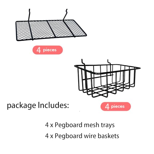 8-Pack Pegboard Baskets & Trays, Container Holders, Pegboard Racks, Wire Shelf, Wall Organizer, Attachments for Organizing Various Tools, Workbench Accessories, Garage Storage (Black)