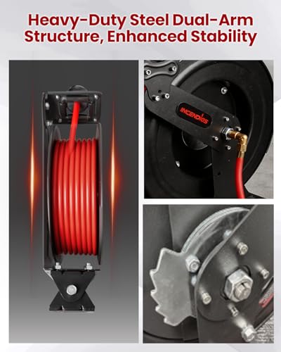 Retractable Air Hose Reel - 3/8" x 65 FT Hybrid Polymer Air Compressor Hose Reel, Heavy Duty Steel Dual Arm with 6.56 FT Lead-in, Max 300 PSI, Professional Grade Wall/Ceiling/Floor Mount