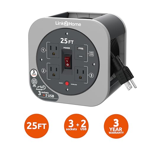 Link2Home 25 Ft. Retractable Extension Cord Reel, 3 Outlets, Gray