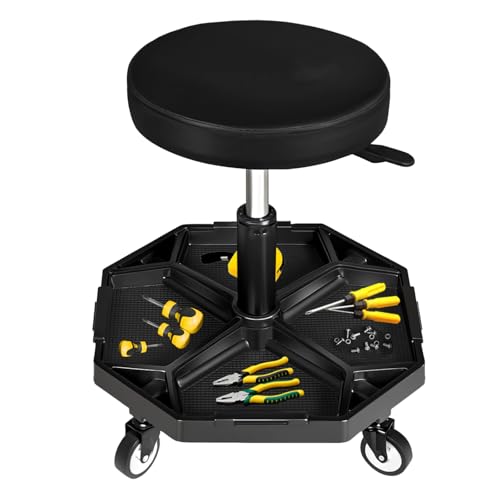 YELLOW JACKET Rolling Garage Seat with Wheels Adjustable Height Pneumatic Mechanic Stool 300Lbs Heavy Duty Shop Creeper Seat with 4 Removable Storage Tool Tray Workshop Chair for Auto Repair