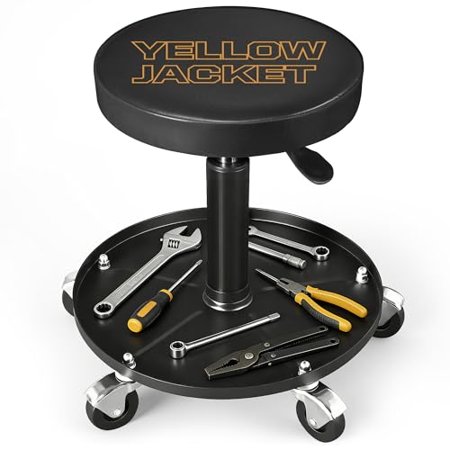 YELLOW JACKET Pneumatic Rolling Mechanic Stool with Wheels 250lb Capacity Adjustable Height Garage Shop Seat with Tool Tray for Auto Repair Workshop