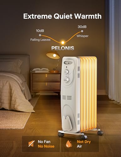 PELONIS Radiator Heater for Large Space, Electric Oil Filled Radiator, Dual Knobs, 1500W, Quiet Space Heater, 3 Modes, Tip-over Protection