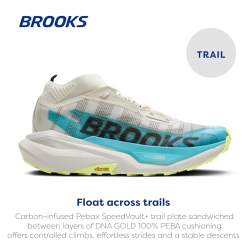 Brooks Cascadia Elite Trail Racing Shoe with Carbon-Infused Pebax Plate - Star White/Bluefish/Black - 9 Medium