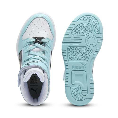 PUMA Unisex-Child Rebound Layup Mid Hook and Loop, PUMA White-PUMA Black-Safe Lake, Little Kid 12