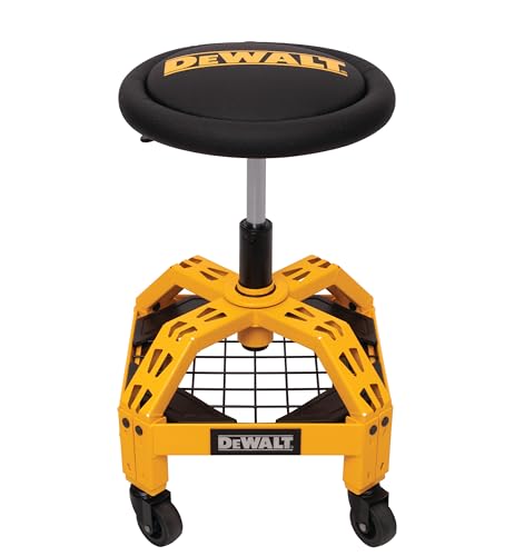 DEWALT Heavy-Duty Metal Rolling Stool for Shop or Garage, Padded 360-degree Swivel Seat, Durable Steel Frame, Adjustable