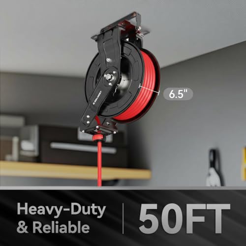 Retractable Air Hose Reel, 50 ft x 3/8 in SBR Rubber Hose Max 300PSI, Heavy Duty Air Compressor with Dual Arms, Auto Rewind, 180° Swivel Ceiling/Wall Mount for Garages, Workshops