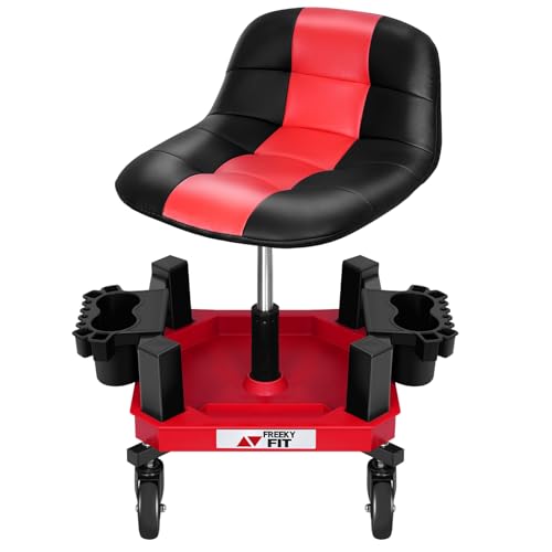 FreekyFit Rolling Shop Stool with Wheels, Adjustable Garage Mechanic Stool Seat Shop Roller Work Chair Mobile Rolling Seat with Tool Tray, 2 Cup Holders, 4" Casters, 350 LBS, Heavy-Duty, Red