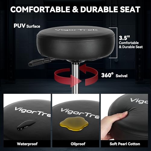 VigorTrek Rolling Shop Stool with Wheels and Adjustable Pneumatic Mechanic Stool, Heavy Duty Garage Stool & Shop Chair with Storage Tray, 300 lbs Capacity