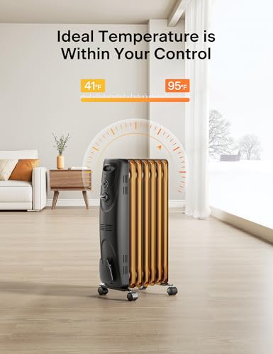 PELONIS Radiator Heater for Large Space, Electric Oil Filled Radiator, Dual Knobs, 1500W, Quiet Space Heater, 3 Modes, Tip-over Protection