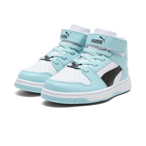 PUMA Unisex-Child Rebound Layup Mid Hook and Loop, PUMA White-PUMA Black-Safe Lake, Little Kid 12