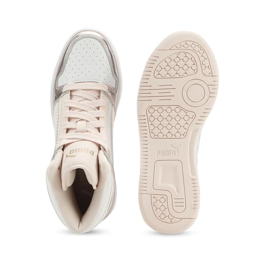 PUMA Unisex-Child Rebound Layup Mid Shoes, White-Jasmine Flower-Gold SS26, 4, Big Kid