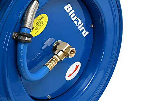 BLUBIRD BBRHD3850 18ga. Retractable Hose Reel with 3/8" X 50' Air Hose, 12 Point Ratcheting Gear, Next-Gen Rubber, Lightest, Strongest, Most Flexible, 300 PSI, -50F to 190F Degrees, Polyester Braided
