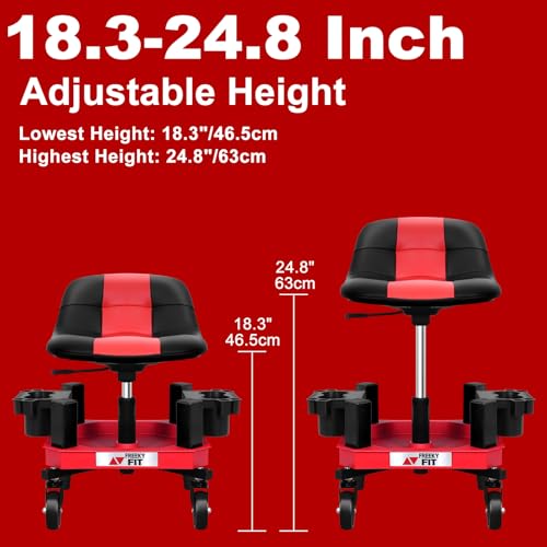 FreekyFit Rolling Shop Stool with Wheels, Adjustable Garage Mechanic Stool Seat Shop Roller Work Chair Mobile Rolling Seat with Tool Tray, 2 Cup Holders, 4" Casters, 350 LBS, Heavy-Duty, Red