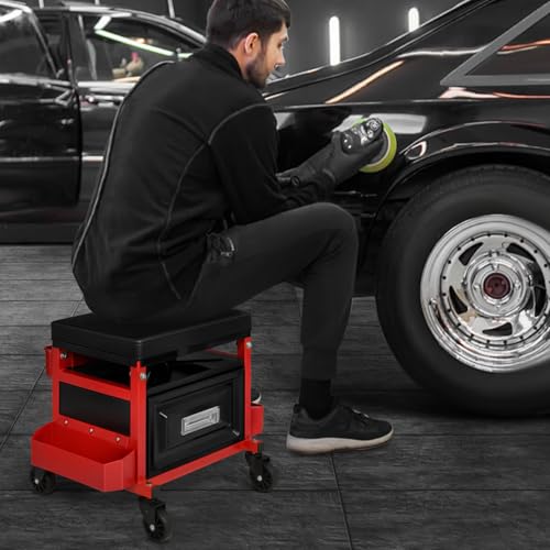 M-AUTO Mechanic Stool Garage Rolling Tool Chest Seat w/Drawer & Tray, 350LBS Capacity Multi-Function Adjustable Height Mechanic Creeper Seat for Projects Inside The Garage and Workshop, Red