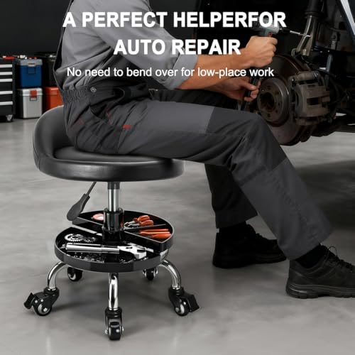 JOSTZHXIN Garage Mechanic Stool Chair Rolling Shop Chair, Height Adjustable Garage Shop Seat, Low Stools with Storage Tray, Rolling Stool for Salon SPA Tattoo (Style 2)
