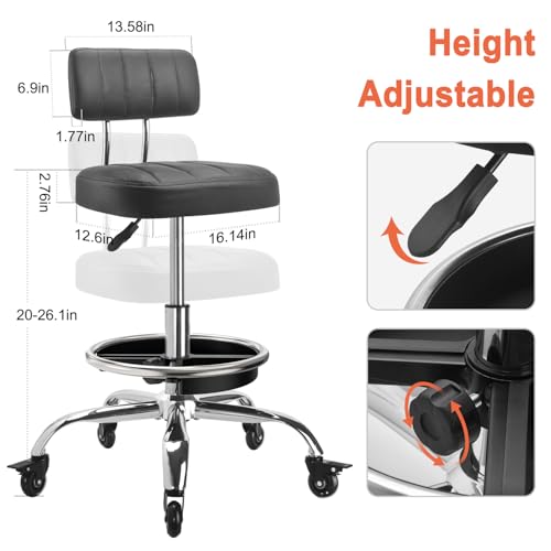 LWADALN Garage Mechanic Stool with Backrest, Height Adjustable Heavy Duty Swivel Task Chair, Rolling Workshop Stool with Tool Tray Storage, Mechanic Chair for Garage, Shop, Auto Repair (Black)