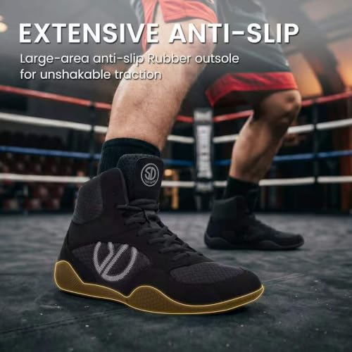 Men's Wrestling Shoes with Lightweight,Sdtdid Boxing Shoes Made of Micro Suede for Gym,Powerlifting,Bodybuilding,Training Etc. Black