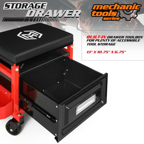 M-AUTO Mechanic Stool Garage Rolling Tool Chest Seat w/Drawer & Tray, 350LBS Capacity Multi-Function Adjustable Height Mechanic Creeper Seat for Projects Inside The Garage and Workshop, Red