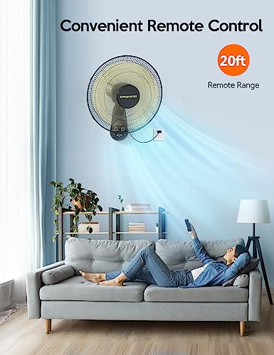 VAGKRI Wall Mount Fan, 16 Inch Wall Fans with 5 Blades, 5 Speeds, 8 Hour Timer, 90° Oscillating Quiet Fan with Remote for Home Office Bedroom Living Room Garage (Black)