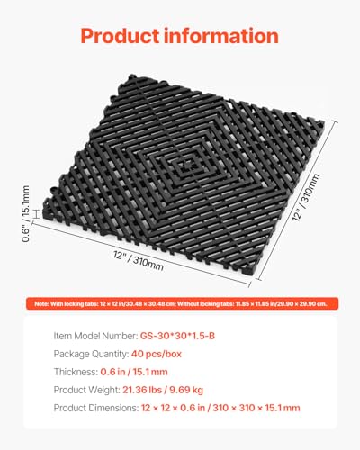 VEVOR Interlocking Drainage Mat, 12” x 12” Modular Interlocking Cushion, 40 Pcs Splicing Drainage Mats, Non-Slip PP Drainage Floor Tile and Shower Mat, for Garage, Garden, Kitchen & Outdoor, Black