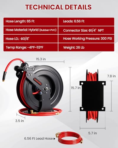 Retractable Air Hose Reel - 3/8" x 65 FT Hybrid Polymer Air Compressor Hose Reel, Heavy Duty Steel Dual Arm with 6.56 FT Lead-in, Max 300 PSI, Professional Grade Wall/Ceiling/Floor Mount