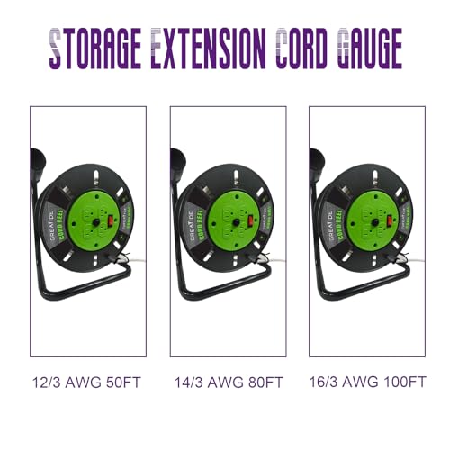 GREATIDE Heavy Duty Extension Cord Storage Reel with 4Grounded Outlets, 10A Circuit Breaker, Retractable Hand Wind, Portable Empty Hand Crank Open Cord Reel for 12/3 14/3 16/3 Gauge Power Cord, Green