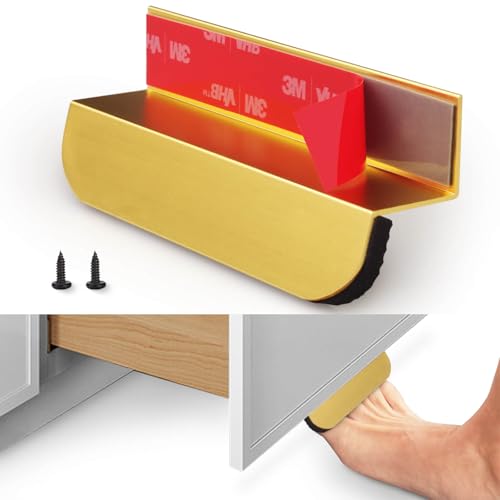RVPEKUPE 2-Pack Under Cabinet Foot Pull with Adhesive and Screws, Hands Free Toe Foot Pull Opener for Kitchen Trash Cabinet Drawer, 4 Inch (Gold)