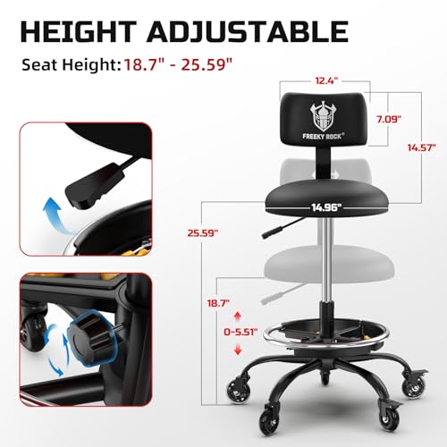 Rolling Shop Stool with Wheels, Garage Mechanic Stool Chair with Backrest, Height Adjustable Heavy Duty Swivel Task Chair, Adjustable Footrest with Storage Tray for Garage Kitchen Salon Tattoo (Black)